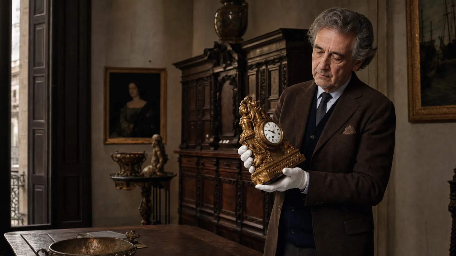 Anticuario examinando un reloj dorado en una galería de antigüedades